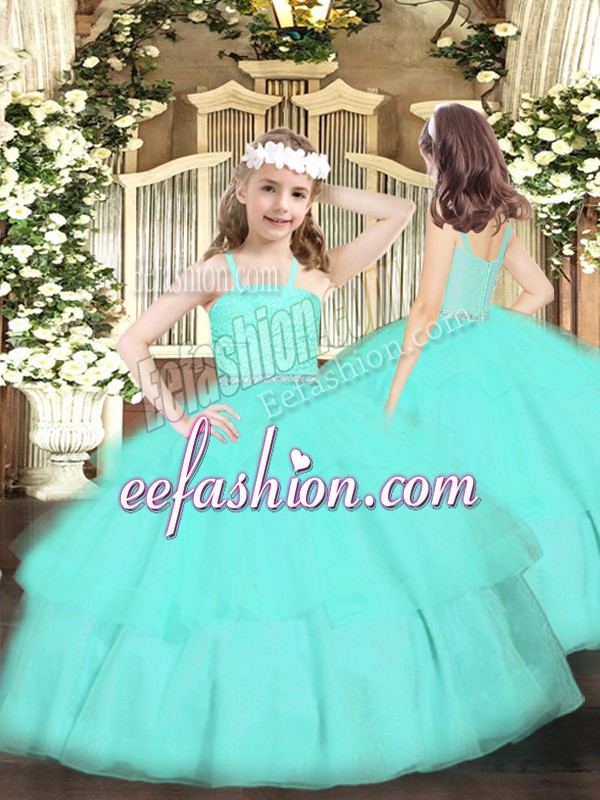 Glorious Sleeveless Organza Floor Length Zipper Kids Formal Wear in Apple Green with Beading and Lace and Ruffled Layers