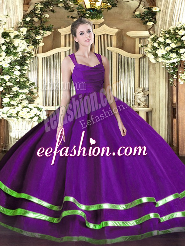  Purple Ball Gowns Straps Sleeveless Organza Floor Length Zipper Ruffled Layers and Ruching Sweet 16 Dresses