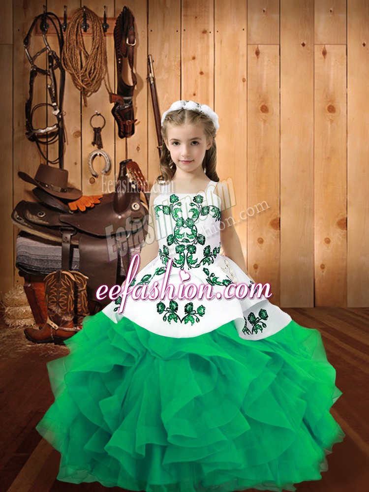  Sleeveless Organza Floor Length Lace Up Pageant Dress for Teens in Turquoise with Embroidery and Ruffles