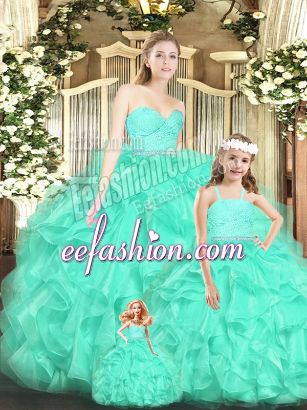  Floor Length Apple Green Sweet 16 Quinceanera Dress Organza Sleeveless Lace and Ruffles
