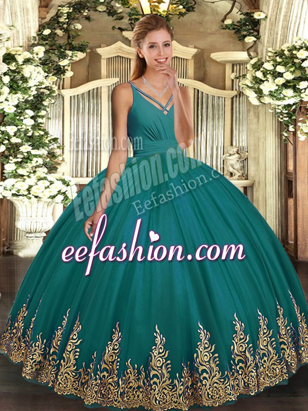  Turquoise Tulle Backless V-neck Sleeveless Floor Length Sweet 16 Dress Appliques
