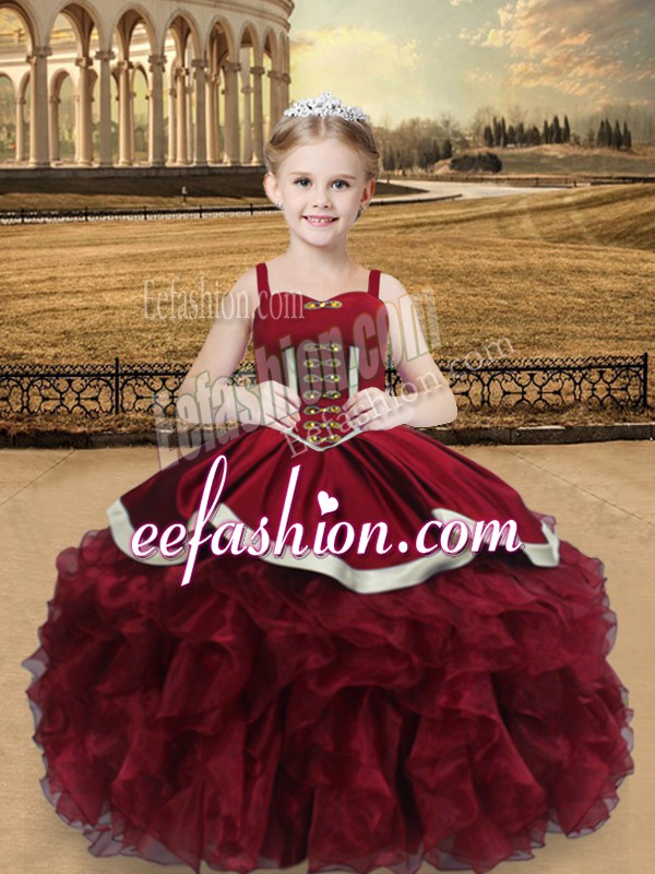 New Arrival Wine Red Straps Neckline Beading and Ruffles Pageant Gowns For Girls Sleeveless Lace Up