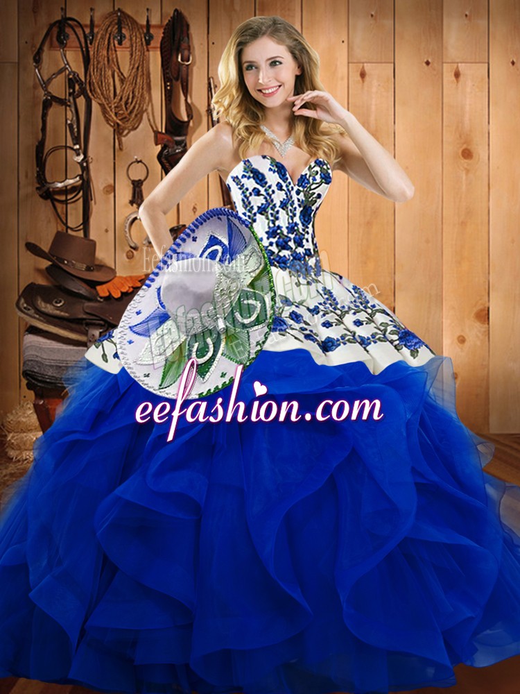 Fancy Blue Quince Ball Gowns Military Ball and Sweet 16 and Quinceanera with Embroidery and Ruffles Sweetheart Sleeveless Lace Up