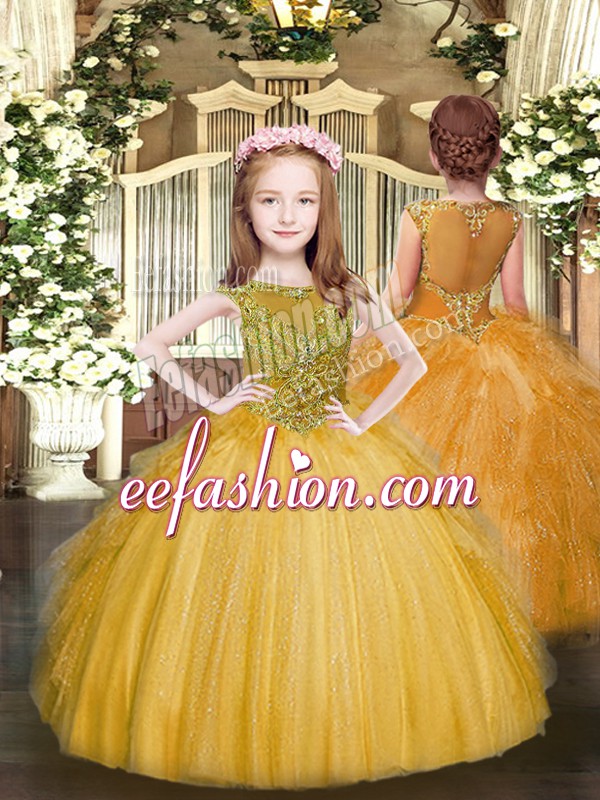  Gold Zipper Scoop Beading and Ruffles Little Girls Pageant Gowns Tulle Sleeveless