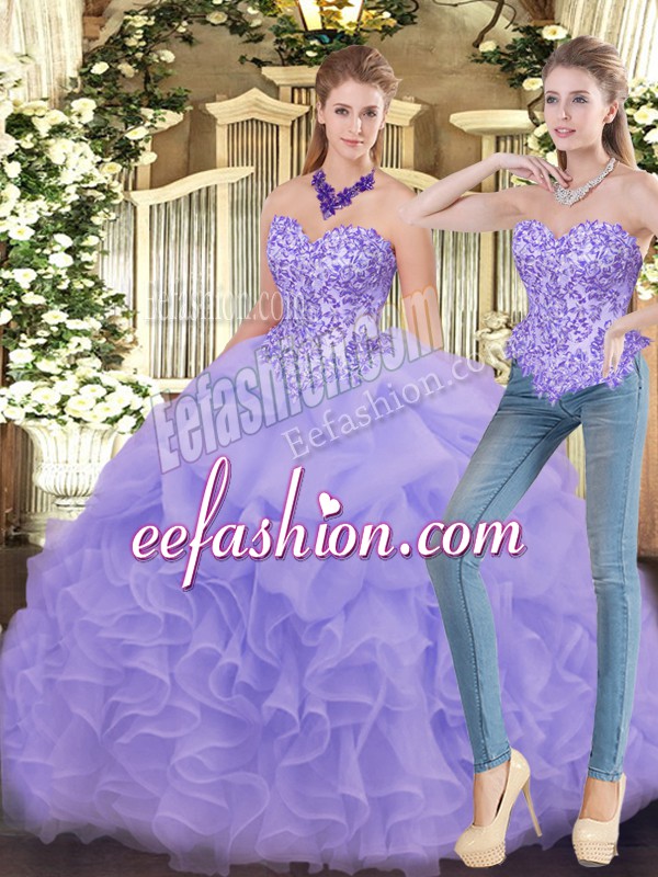  Sleeveless Floor Length Appliques and Ruffles Zipper Quince Ball Gowns with Lavender