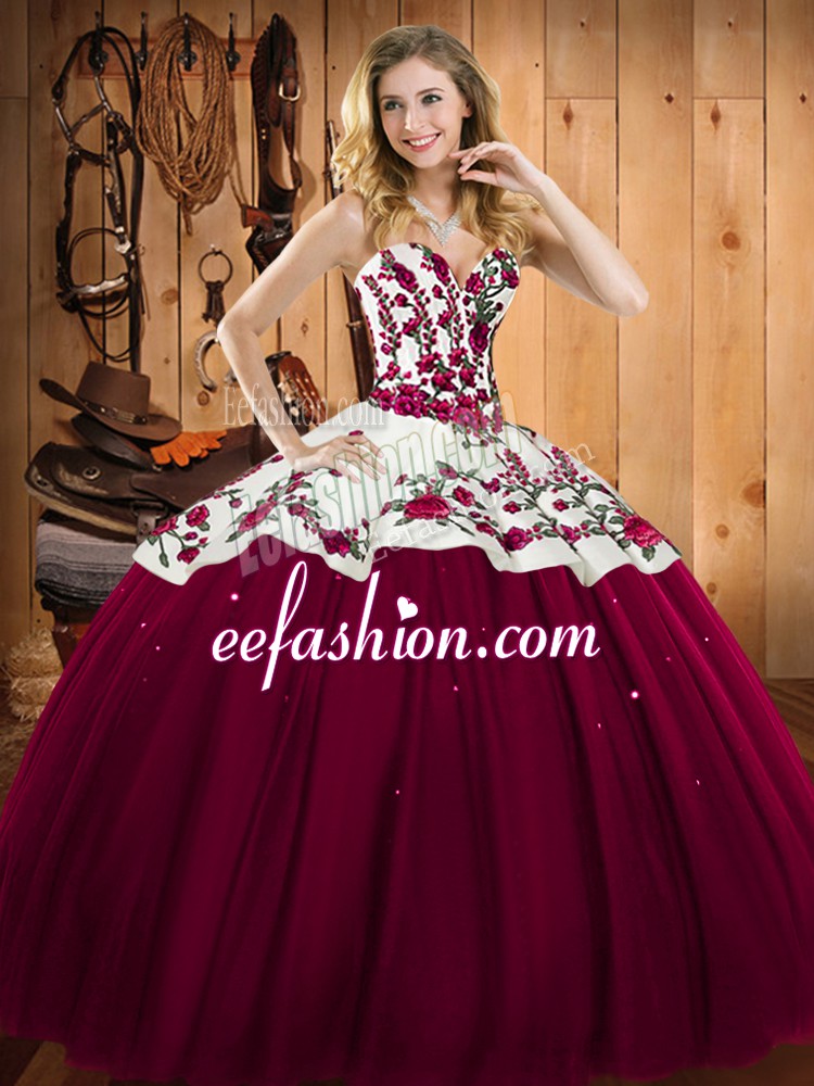 Most Popular Floor Length Burgundy Quince Ball Gowns Sweetheart Sleeveless Lace Up