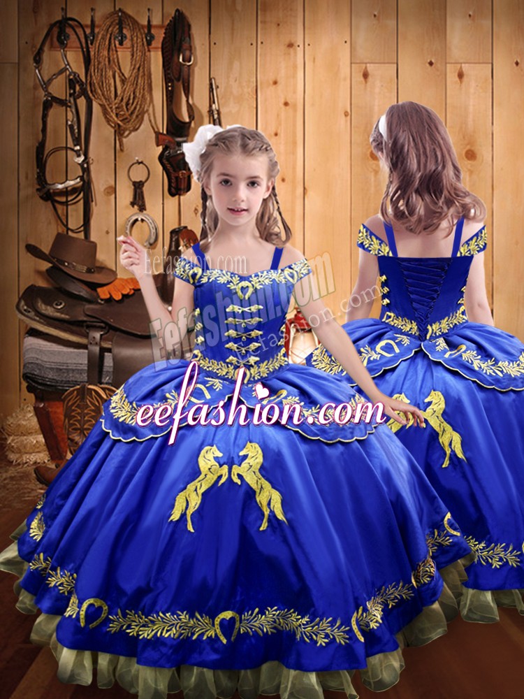  Sleeveless Lace Up Floor Length Beading and Embroidery Child Pageant Dress