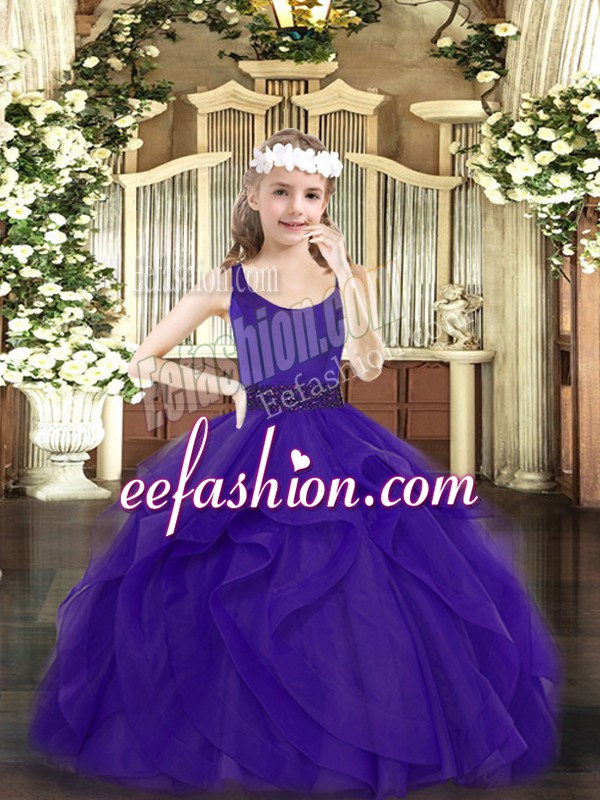  Purple Sleeveless Beading and Ruffles Floor Length Little Girls Pageant Dress Wholesale
