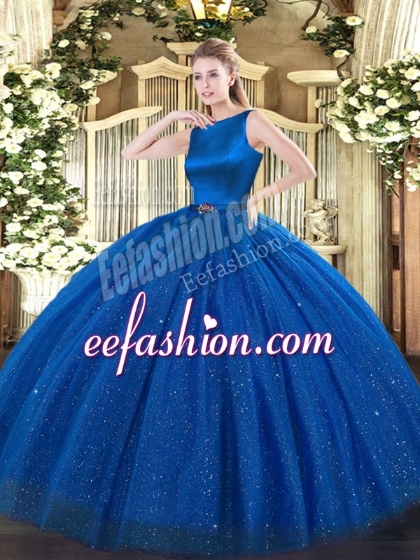  Blue Clasp Handle Scoop Belt Ball Gown Prom Dress Tulle Sleeveless