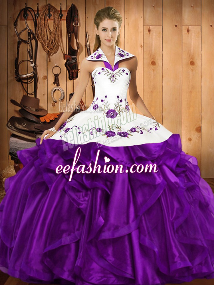 Modest Embroidery and Ruffles Ball Gown Prom Dress Purple Lace Up Sleeveless Floor Length