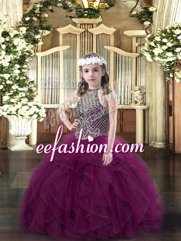 Sleeveless Lace Up Floor Length Beading and Ruffles Pageant Dress Toddler