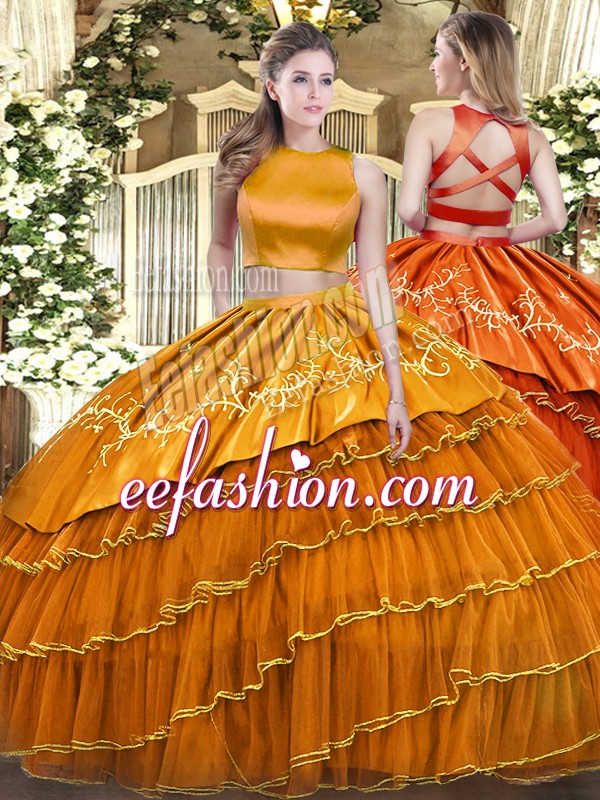 Best Selling Floor Length Criss Cross Sweet 16 Quinceanera Dress Orange for Military Ball and Sweet 16 and Quinceanera with Ruffled Layers