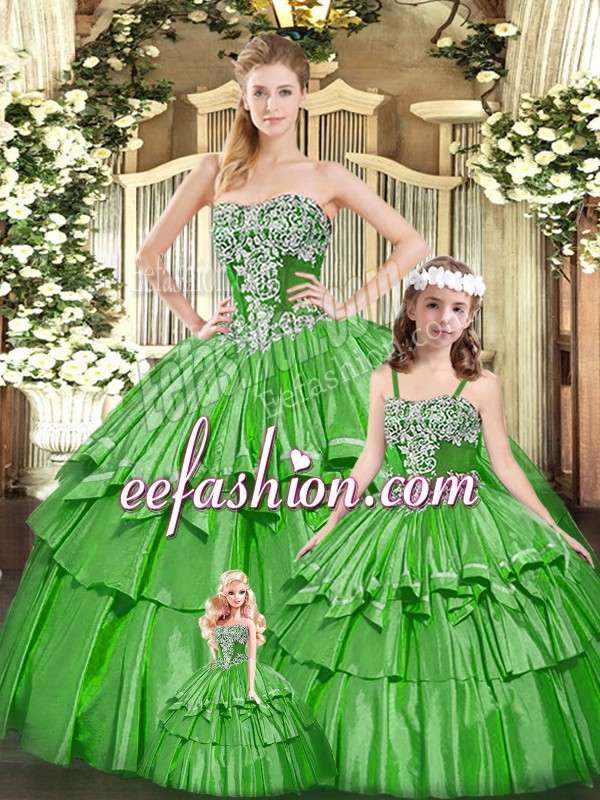 Most Popular Green Sleeveless Organza Lace Up 15 Quinceanera Dress for Military Ball and Sweet 16 and Quinceanera