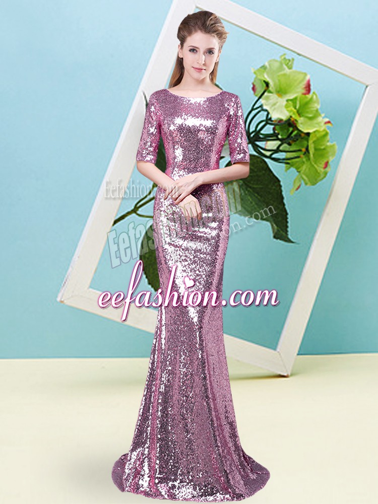  Fuchsia Sequined Zipper Prom Dress Half Sleeves Floor Length Sequins