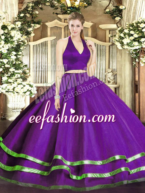  Sleeveless Tulle Floor Length Zipper Sweet 16 Quinceanera Dress in Purple with Ruffled Layers