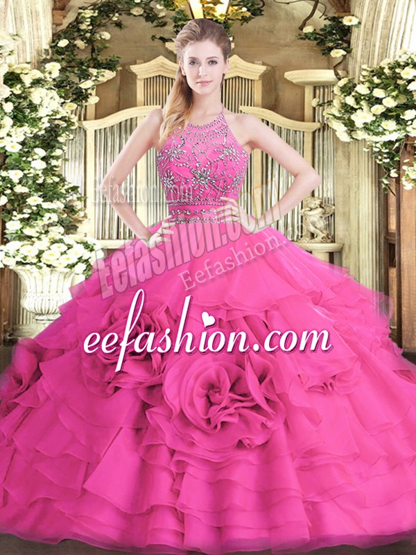  Hot Pink Ball Gowns Tulle Halter Top Sleeveless Beading and Ruffled Layers Floor Length Zipper Quince Ball Gowns