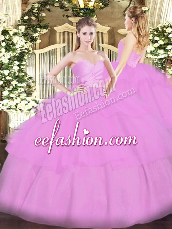 Designer Lilac Lace Up Quinceanera Gowns Beading and Ruffled Layers Sleeveless Floor Length