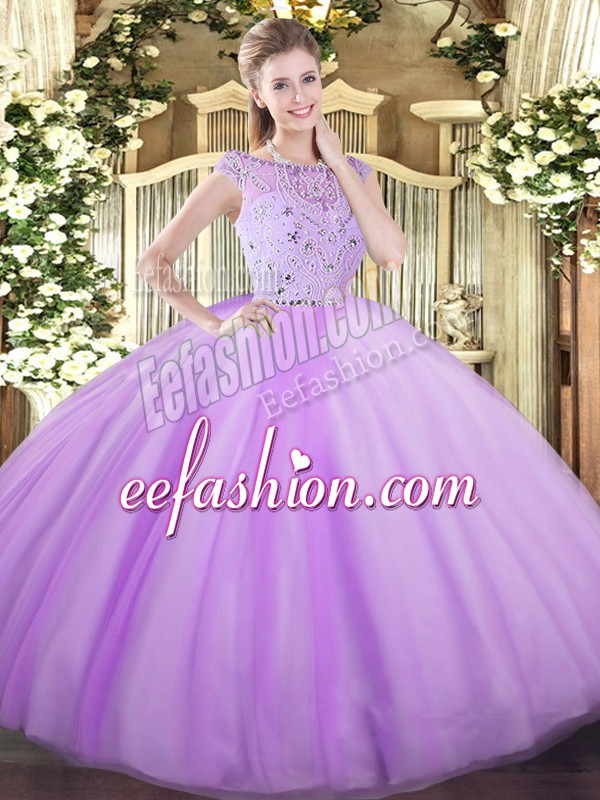Enchanting Lavender Sleeveless Floor Length Beading Zipper Ball Gown Prom Dress