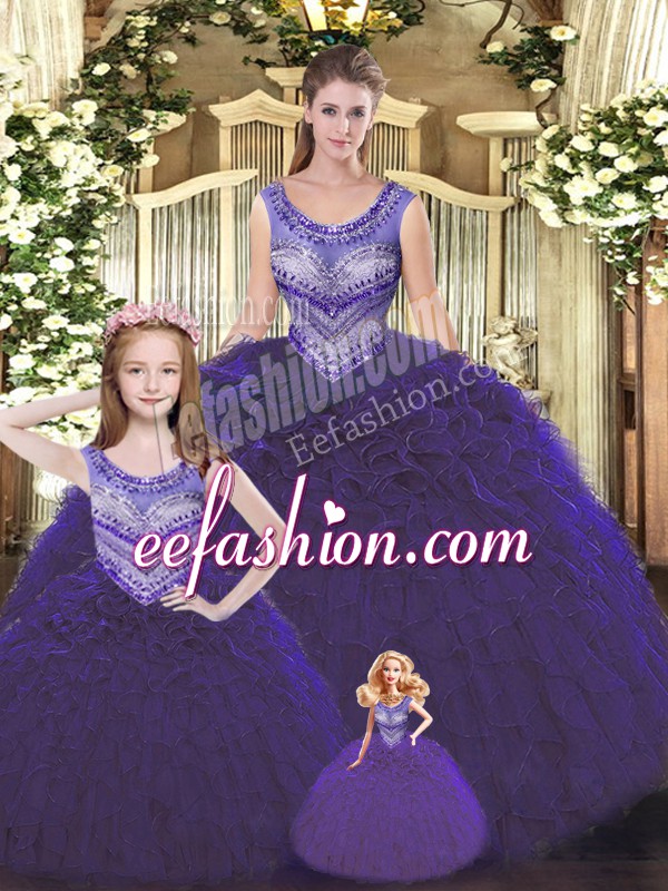 Simple Dark Purple Sleeveless Tulle Lace Up 15th Birthday Dress for Military Ball and Sweet 16 and Quinceanera