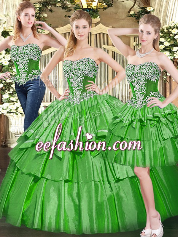  Sleeveless Floor Length Beading and Ruffled Layers Lace Up Quinceanera Dress with Green