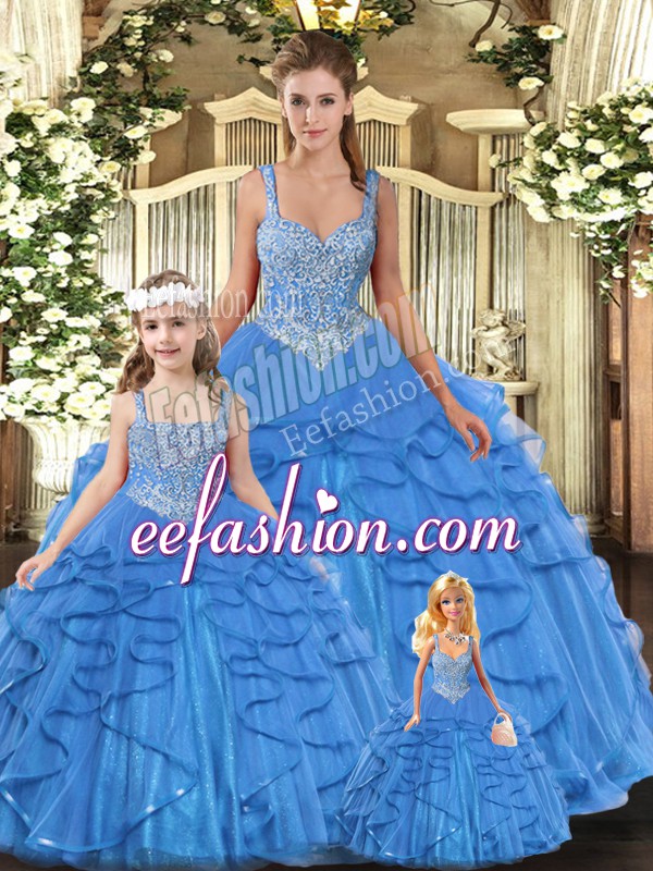 Hot Selling Baby Blue Lace Up Straps Beading and Ruffles 15th Birthday Dress Tulle Sleeveless