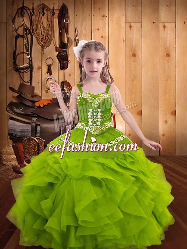  Floor Length Lace Up Little Girls Pageant Dress Olive Green for Sweet 16 and Quinceanera with Embroidery and Ruffles