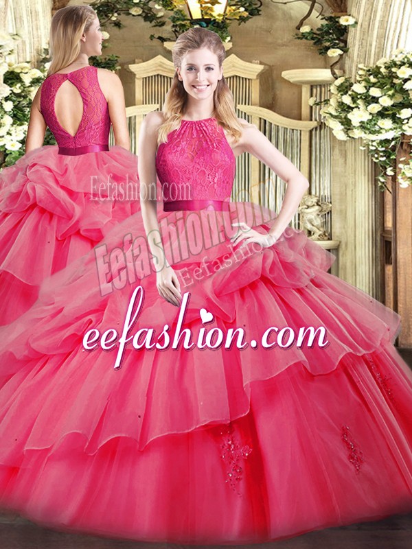  Coral Red Sleeveless Organza Zipper 15th Birthday Dress for Military Ball and Sweet 16 and Quinceanera