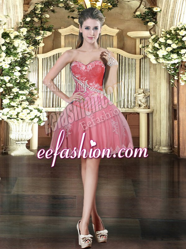  Coral Red Lace Up Sweetheart Beading and Appliques Evening Dress Tulle Sleeveless