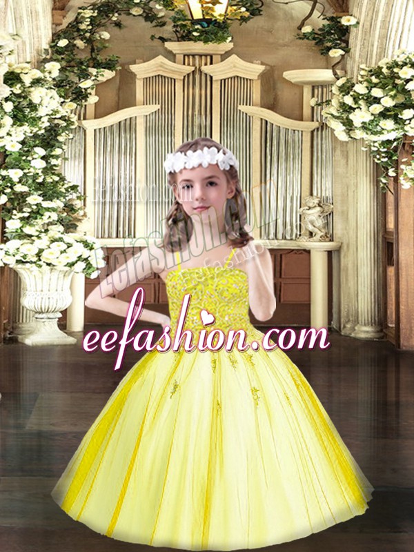  Yellow Sleeveless Tulle Lace Up Child Pageant Dress for Party and Quinceanera