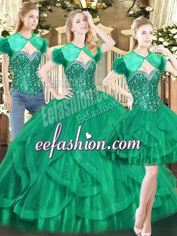 Vintage Dark Green Sleeveless Beading and Ruffles Floor Length Quince Ball Gowns