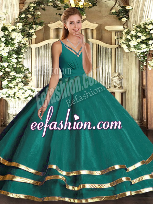 Chic Turquoise V-neck Neckline Ruffled Layers Quinceanera Gowns Sleeveless Backless