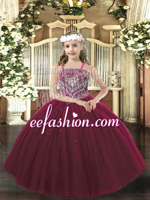 Wonderful Tulle Straps Sleeveless Lace Up Beading High School Pageant Dress in Burgundy