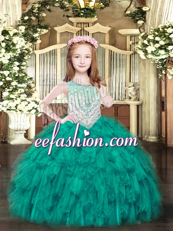 Fancy Floor Length Turquoise Pageant Dresses Scoop Sleeveless Zipper