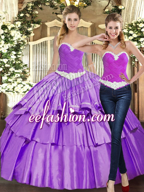 Free and Easy Sleeveless Floor Length Appliques and Ruffles Lace Up Quinceanera Gown with Eggplant Purple