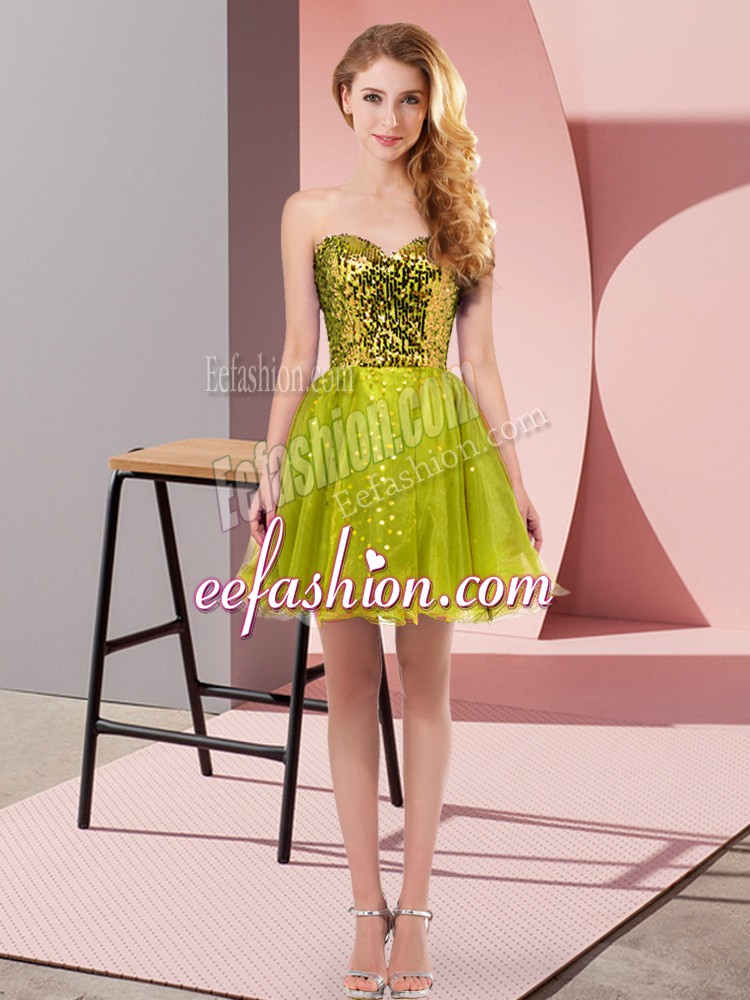 Exquisite Olive Green Tulle Zipper Evening Dress Sleeveless Mini Length Sequins