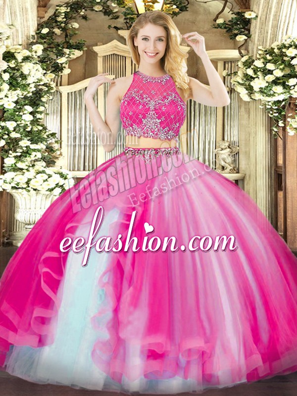 Elegant Hot Pink Sleeveless Beading and Ruffles Floor Length Quinceanera Gown
