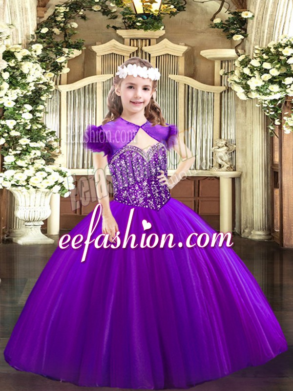  Purple Lace Up Custom Made Pageant Dress Beading Sleeveless Floor Length