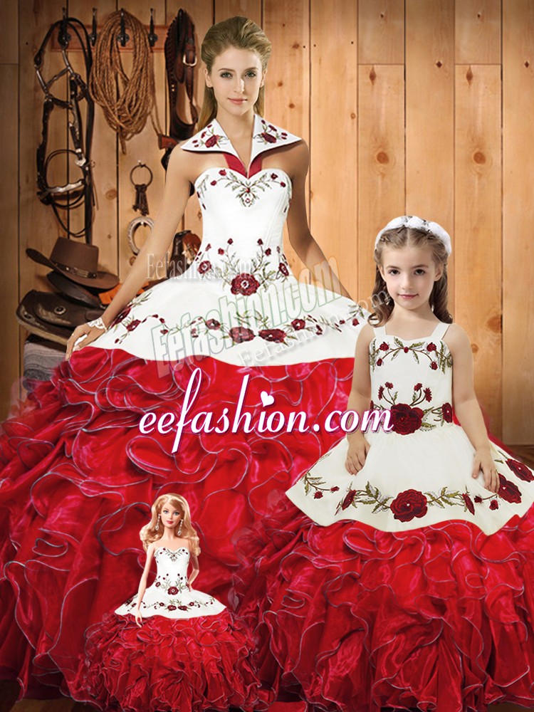  Red Halter Top Lace Up Embroidery and Ruffles Quinceanera Gown Sleeveless