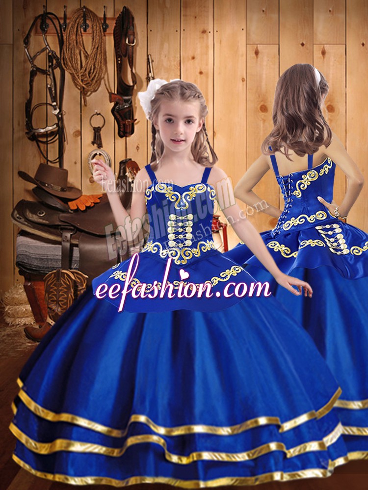 High Quality Royal Blue Ball Gowns Organza Straps Sleeveless Beading and Embroidery and Ruffled Layers Floor Length Lace Up Kids Formal Wear