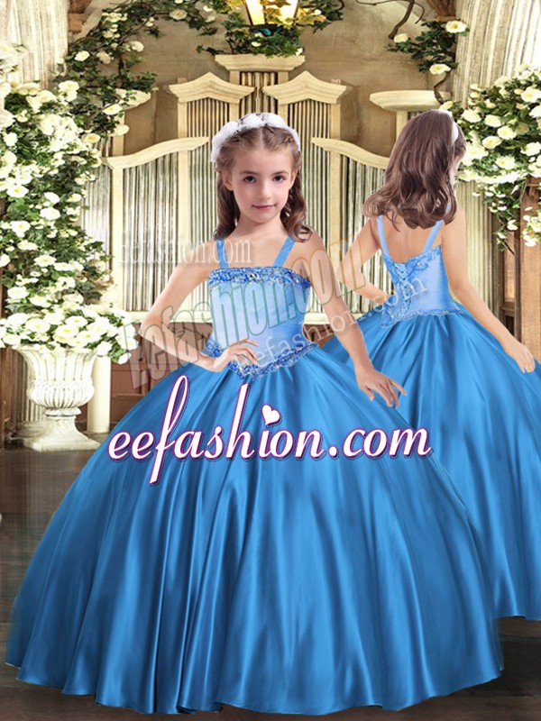  Floor Length Baby Blue Pageant Gowns For Girls Straps Sleeveless Lace Up