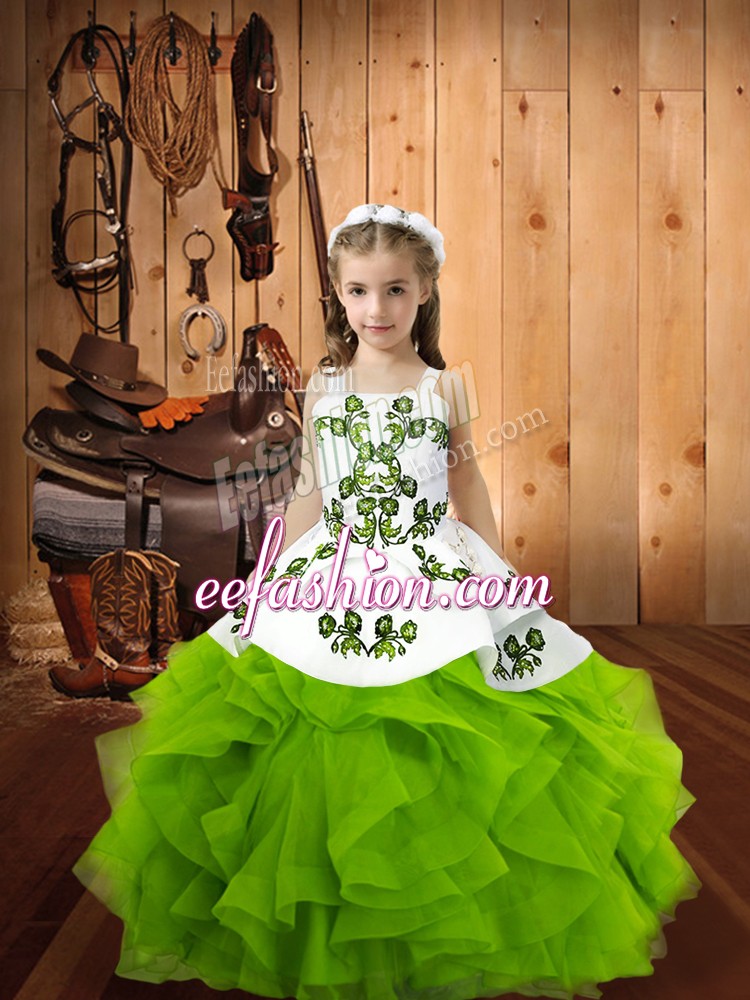 Trendy Organza Lace Up Straps Sleeveless Floor Length Kids Pageant Dress Embroidery and Ruffles