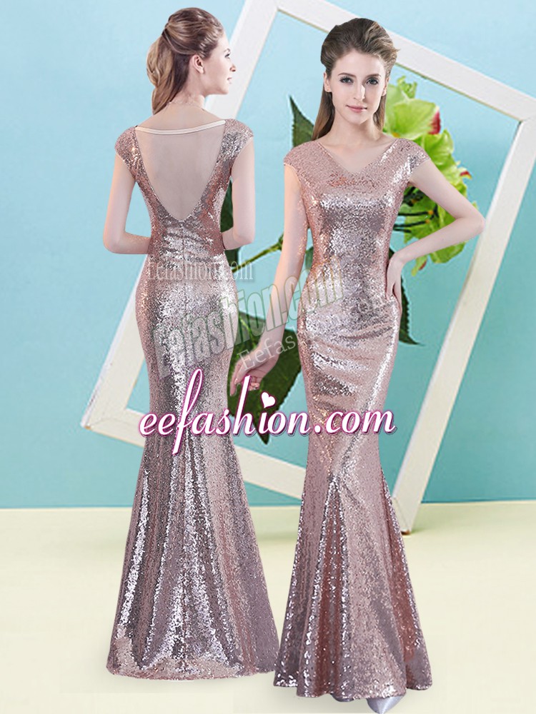 Enchanting Gold V-neck Zipper Sequins Prom Dress Cap Sleeves