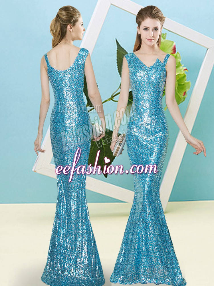 Custom Made Baby Blue Sequined Zipper Evening Dress Sleeveless Floor Length Sequins
