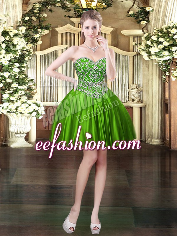  Sleeveless Satin Mini Length Lace Up in Green with Beading