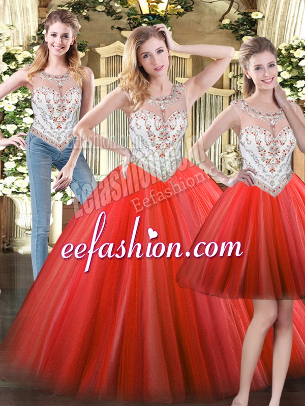 Cute Coral Red Ball Gowns Scoop Sleeveless Tulle Floor Length Zipper Beading Vestidos de Quinceanera