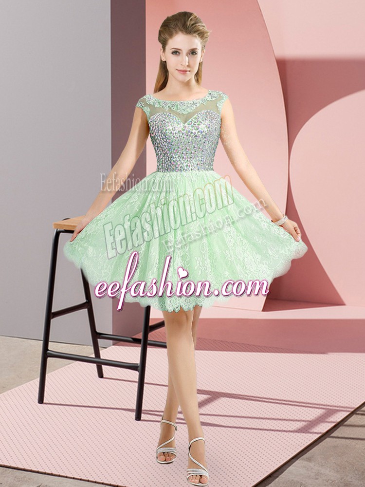  Beading Prom Evening Gown Apple Green Backless Cap Sleeves Mini Length