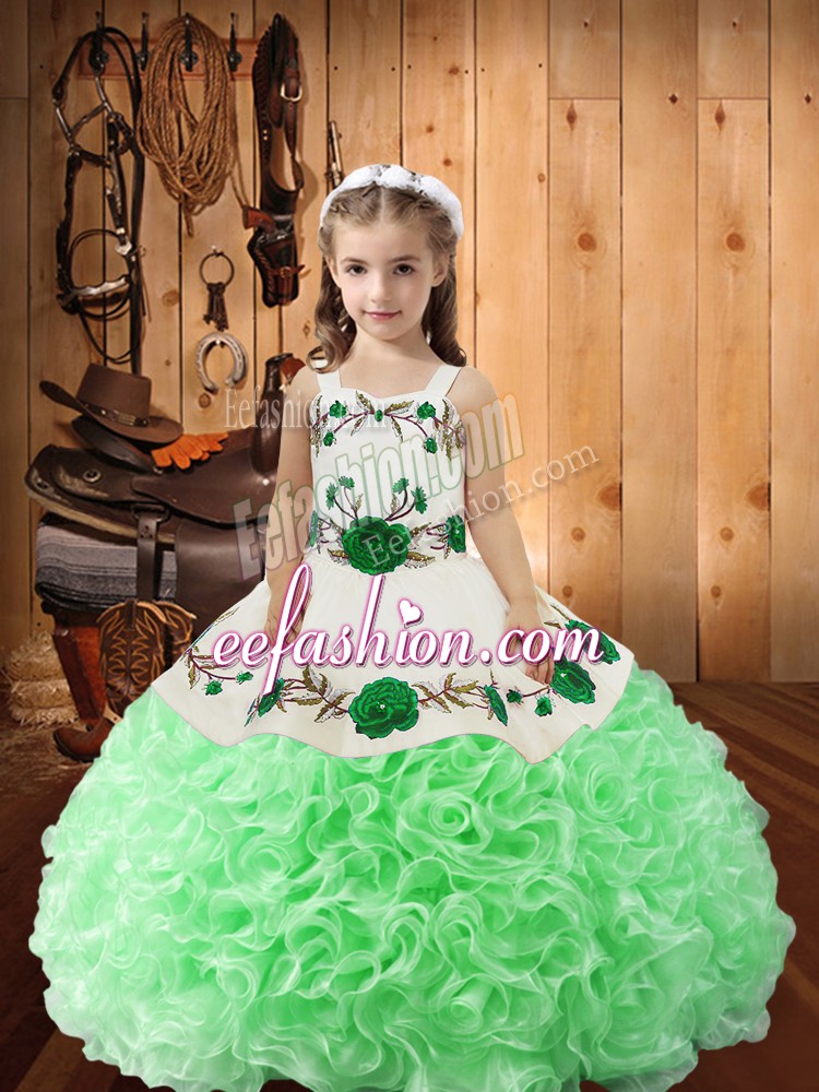 Fashion Green Lace Up Little Girls Pageant Dress Embroidery and Ruffles Sleeveless Floor Length