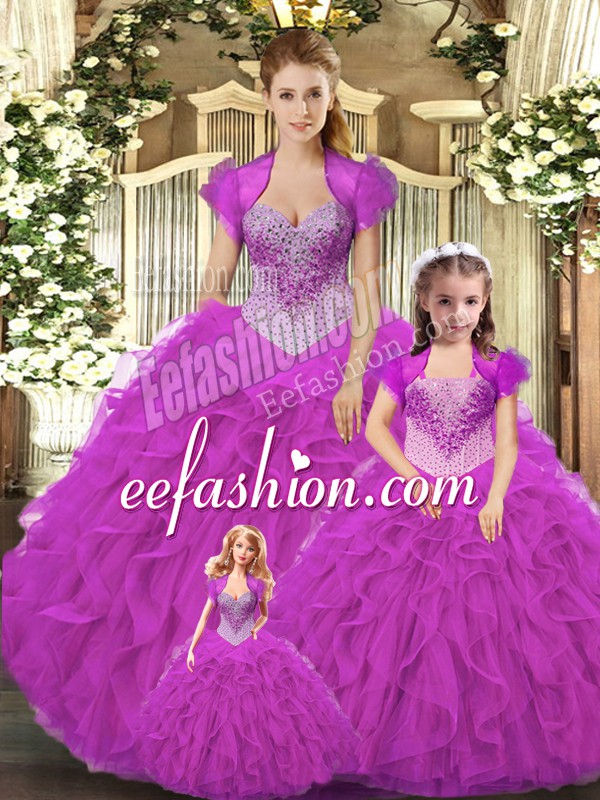  Fuchsia Lace Up Ball Gown Prom Dress Beading and Ruffles Sleeveless Floor Length