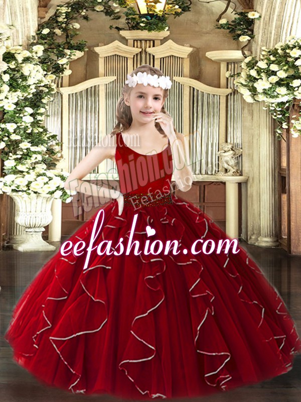  Floor Length Wine Red Winning Pageant Gowns Organza Sleeveless Beading and Ruffles