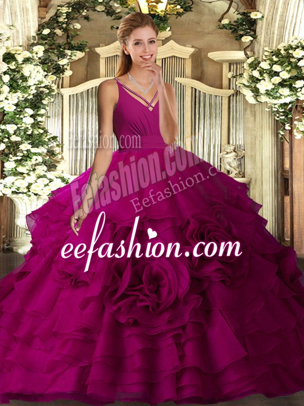  Floor Length Fuchsia Sweet 16 Dresses Fabric With Rolling Flowers Sleeveless Ruching